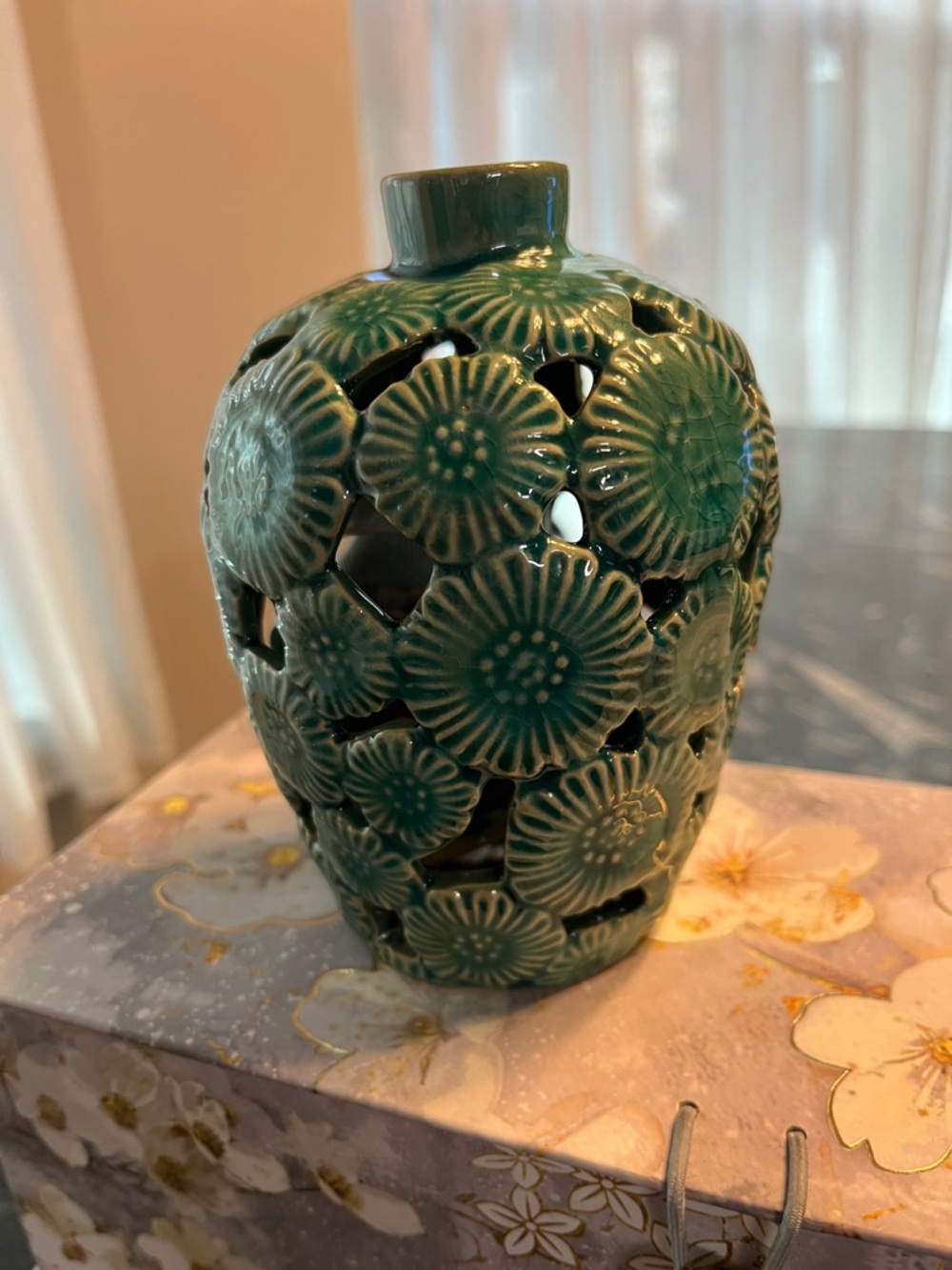 Decorative Teal Ceramic Floral sachet jar - Home Accents